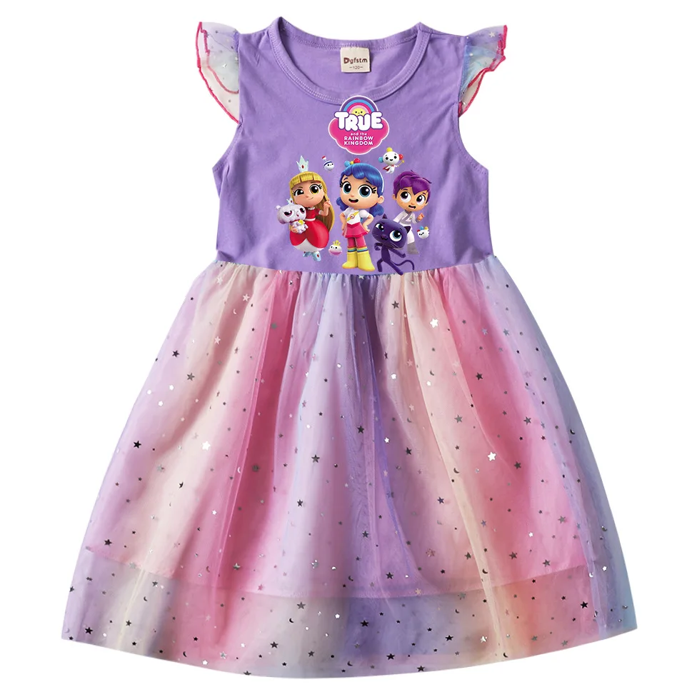 True and The Rainbow Kingdom Dress Kids Sleeveless TShirt Mesh Sequin Dresses Toddler Girls Princess Vestidos for Wedding Party