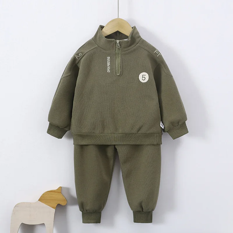 

Spring and Autumn Boys 2-piece Solid Color Sports Long Sleeve Pants Set High Quality Cotton Breathable Sports Clothing Set