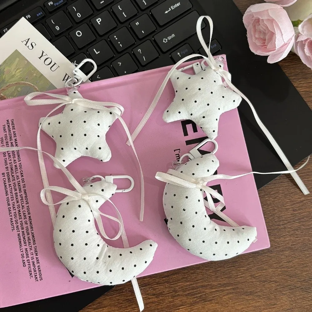 Polka Dot Pattern Keychain Soft Fabric Ribbon Bow Design Pendant Ornament Moon Star Heart Shape Hanging Pendant Style