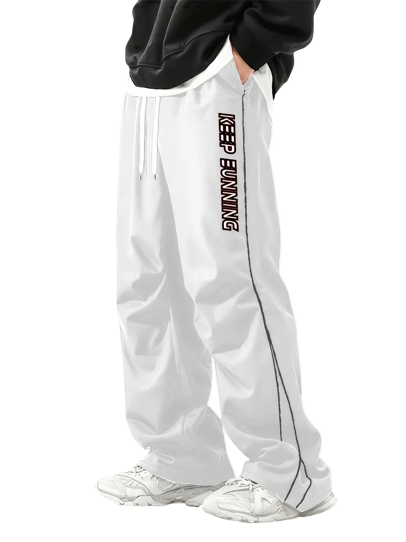 Mens Black Wide Leg Sports Pants Vertical KEEP RUNNING Letter Print Strip Elastic Waist Quick Dry Loose Streetwear Trousers Kids
