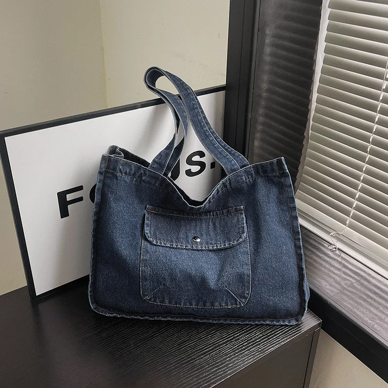 Borse Tote in Denim ad alta capacità cerniera per pendolarismo in stile base 2024 in vendita borse a tracolla da donna in tinta unita semplicità