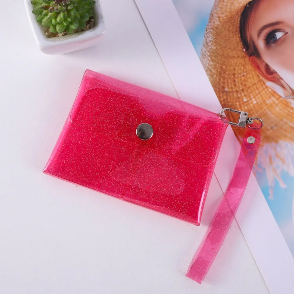 Portable PVC Coin Purse Double-layer Transparent Key Card Holder Colorful with Wrist Strap Earphone Storage Bag