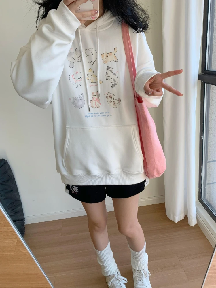 ADAgirl Kawaii Cat Print Hooded Sweatshirt Women Cutecore White Long Sleeve Hoodies Oversize Tops Preppy Style Soft Girl Clothes