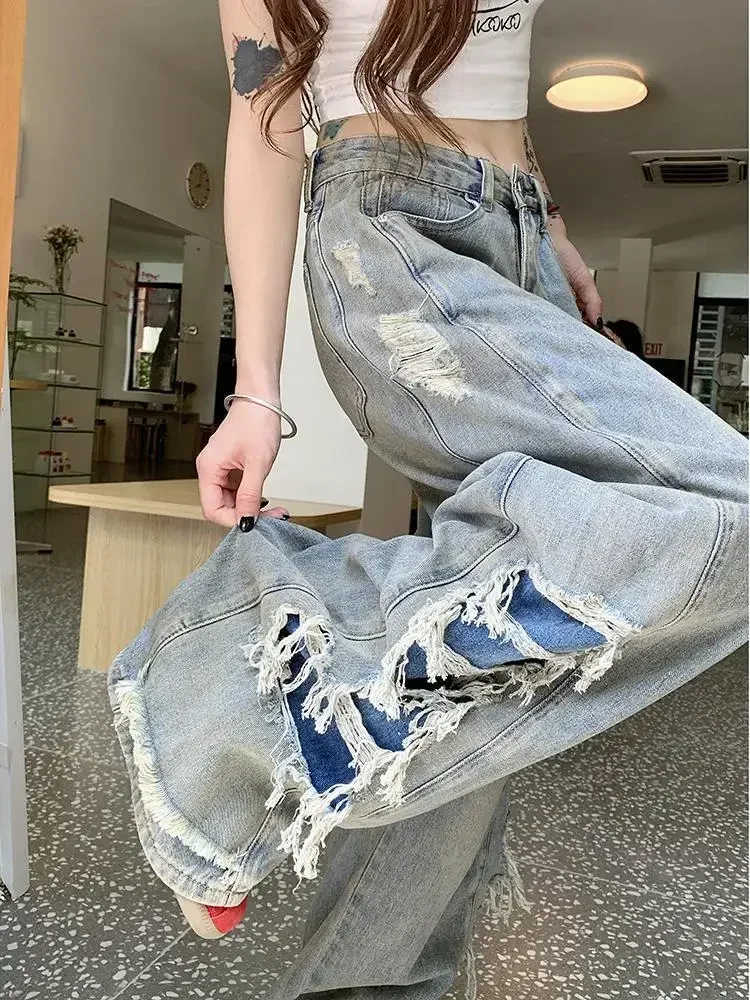 

Hot Girl Jeans Early Autumn New Style with Retro High Waist Dragging Pants， Loose Street Washed Denim Hole Trousers Trendy Trend