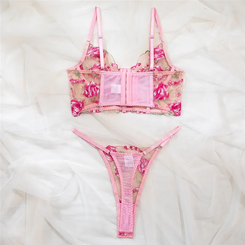 Sexy sutiã de renda breve conjuntos flores bordado underwire lingerie romântica rosa sem costura ultra fina roupa interior sensual conjunto exótico