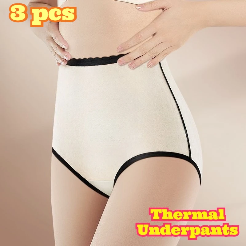 3pcs Premium Womens Thermal Fleece Lined High Waist Tummy Control Underwear Cotton Silk Warm Buttock Heating Winter Comfortable