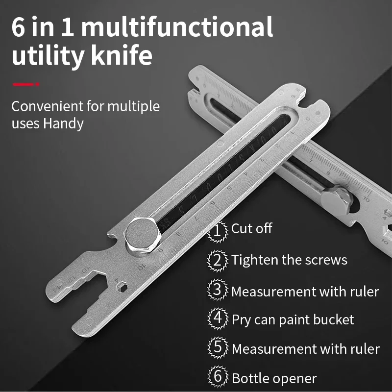 LUXIANZI 6 in 1 Stainless Steel Retractable Utility Knife Opener Box Cutter Art Supplies Ruler Bottle Opener MultiFunction Knife