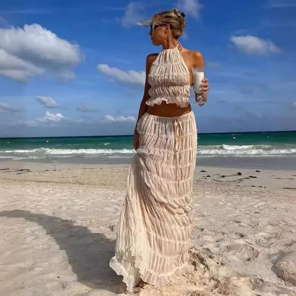 

Женский сексуальный комплект в стиле бохо из двух предметов: топ-халтер с рюшами и длинная юбка макси для пляжного отдыха и вечеринок