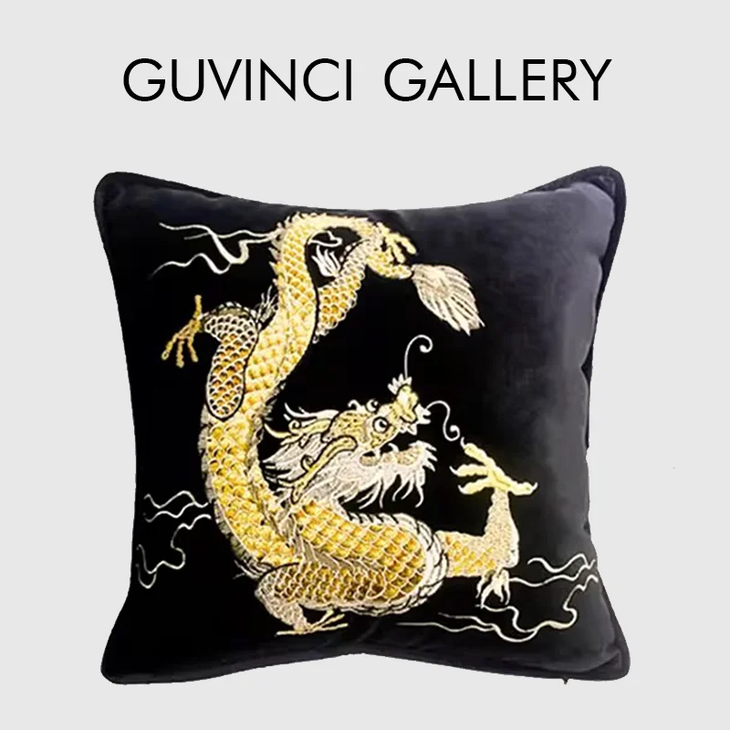 

GUVINCI Luxury Embroidered Golden Dragon Square Cushion Cover Chinese Traditional Workmanship Art Throw Pillow Case for Couch