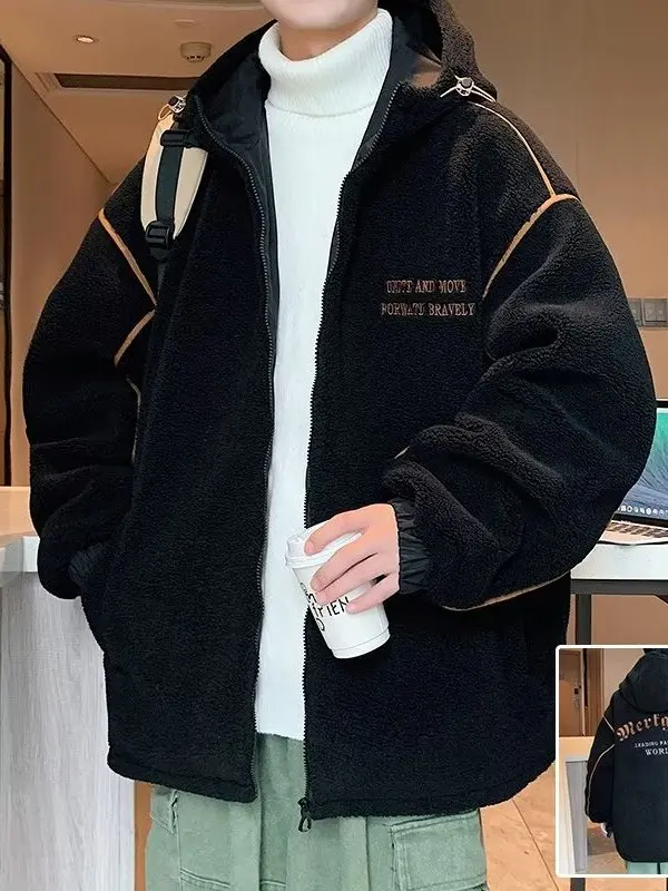 

Warm Fce Lined Hooded Lamb Fur Jaet for Teens And Men Casual Sle Long Sve Zipper Closure Coat Thiened Winter Clothes