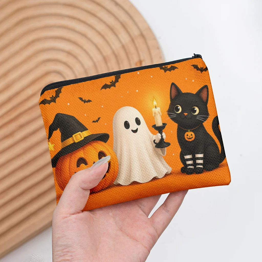 Cute Halloween Pumpkin Ghost Black Cat Canvas Coin Purse Zipper Small Pouch Wallet for Cards Keys Change Holiday Gift