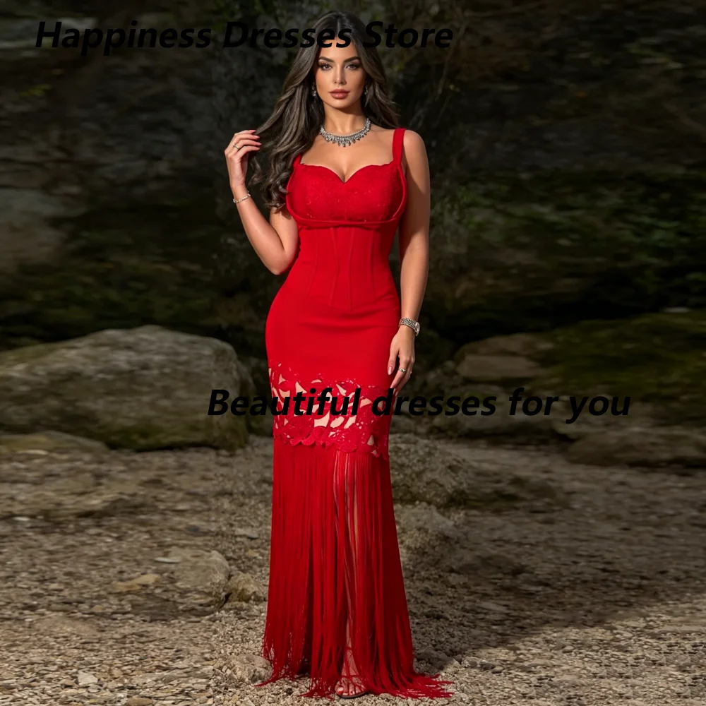 Customized Jersey Red Spaghetti Strap Sweetheart Neck Tassel Hollowed-out Mermaid Sleeveless Floor Length Evening Dresses
