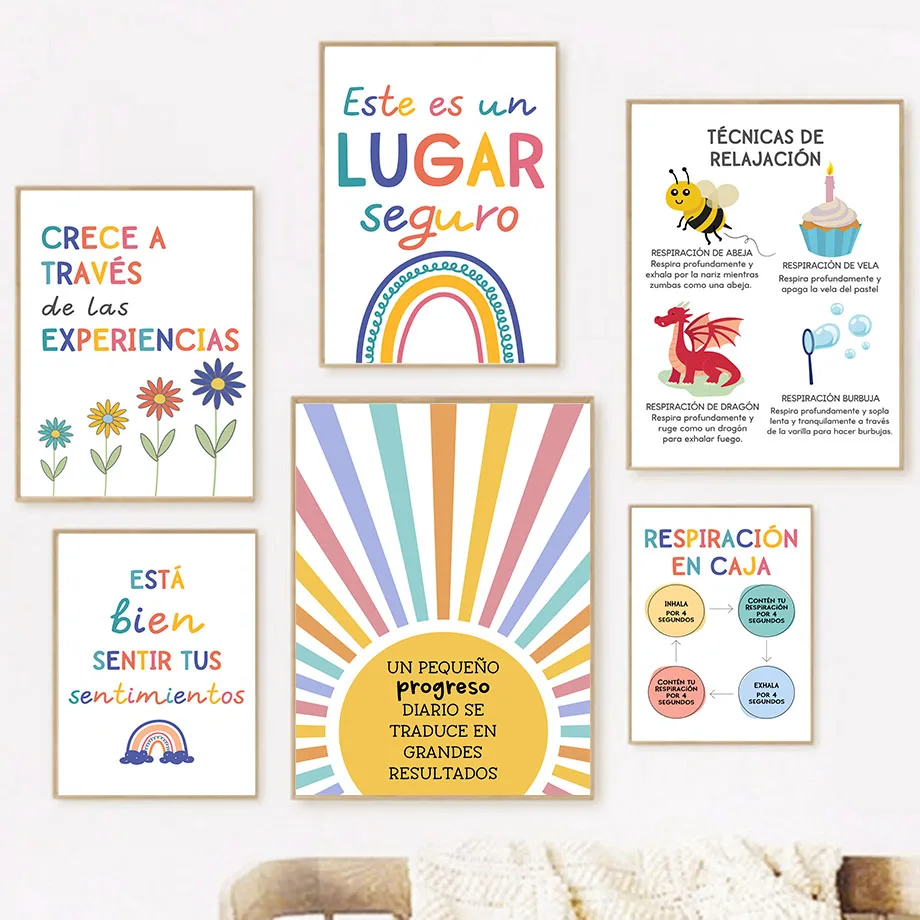 Lema de educación española, sol arcoíris, cuadro sobre lienzo para pared, carteles nórdicos e impresiones, imagen de dibujos animados, decoración para habitación de bebés y niños