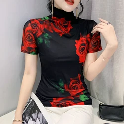 Size S-3XL Fixed Printing Mesh T Shirts Women Turtleneck Slim Short Sleeve Tees Lady Elegant Stretchy Floral Sheath Top T-Shirt