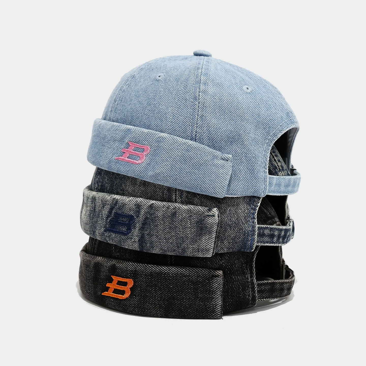 

Japanese washed denim melon hat trendy brand men's and women's B-letter retro street hip-hop sailor hat curled landlord hat