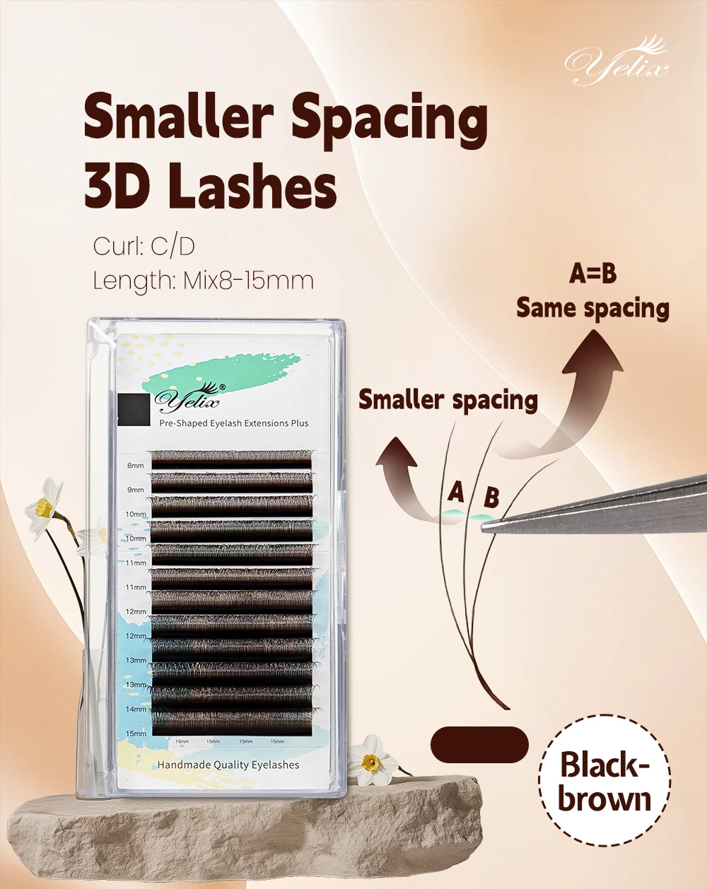 Yelix Schwarz-Braun 3D W-Form Volumen-Wimpern mit kleinerem Abstand, vorgefertigte Wimpern-Trays, professionelle Salon-Ausstattung, Großhandel, Großmengen – Detail 1