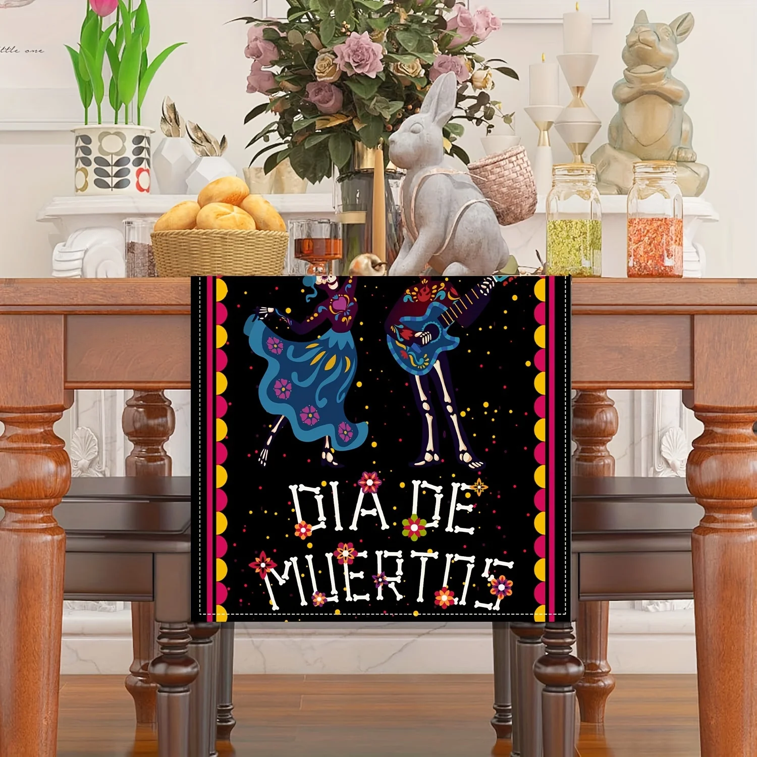 Mexican Day of The Dead Linen Table Runner Mexico Fiesta Party Decor Dia De Los Muertos Table Runners Kitchen Dining Table Decor