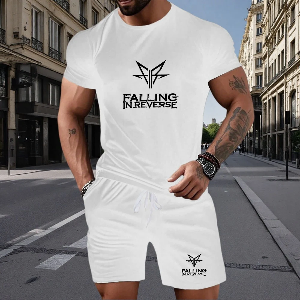 

Summer New Print Men'S Sports Casual Outing Short Sleeve Shorts 2pcs Set, Perfect for Outdoor