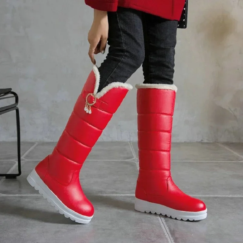 HOVING Russia Winter Warm Thermal Furry Booties Waterproof Round Toe Platform Knee High Womens Fur Lined Flats Snow Boots