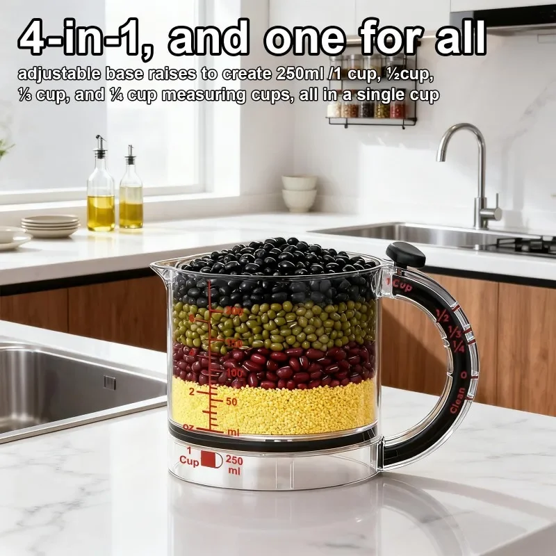 

4-IN-1 Adjustable Measuring Cup MultiFunctional Measuring Cup with Scraper-Style Seal Base Kitchen Cube Cups Tools for Cooking
