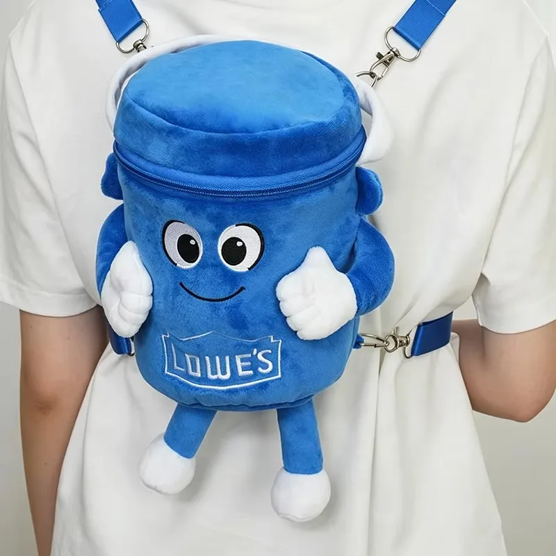 New Lowe's Big Blue Plush Backpack Cute Bucket Character Stuffed Bag Adjustable Straps Zipper Storage Collectible Shoulder Bag