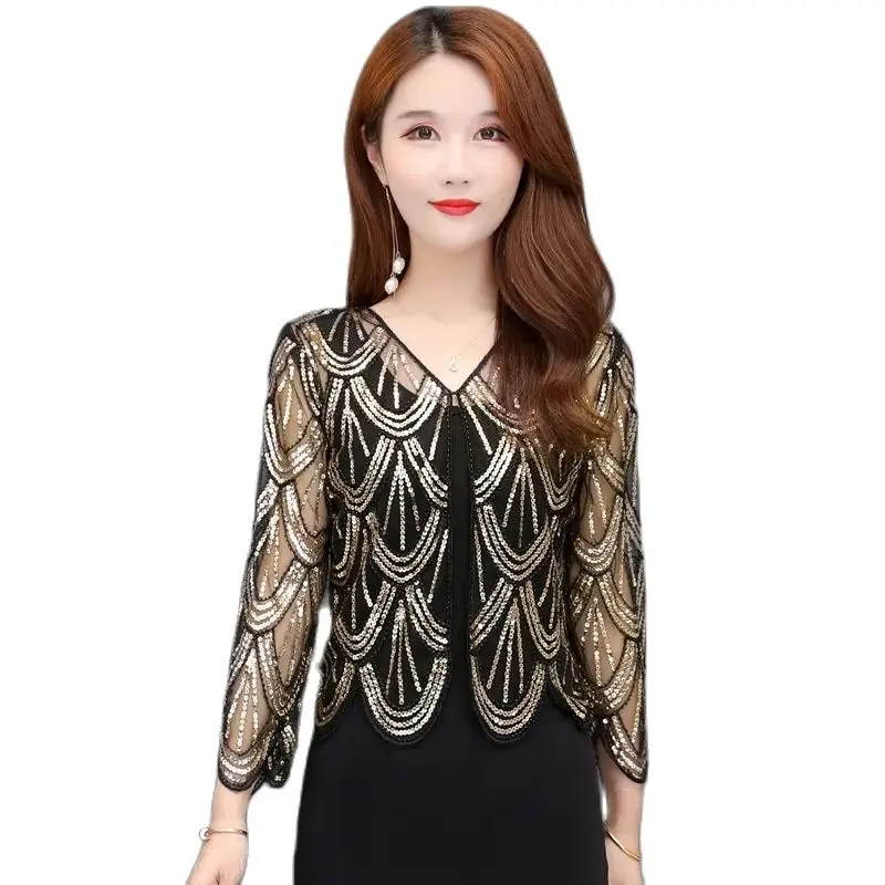 

Summer New Women's Hollow All-match Small Cardigan One Button Sequins Nine-point Sleeves Small Outer Fashion Short Shawl Womens