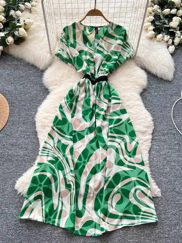 Francés vintage chic mujer verano estampado floral vendaje vestido largo con cuello en v vestido de fiesta elegante a-line vestidos bata ete 2025