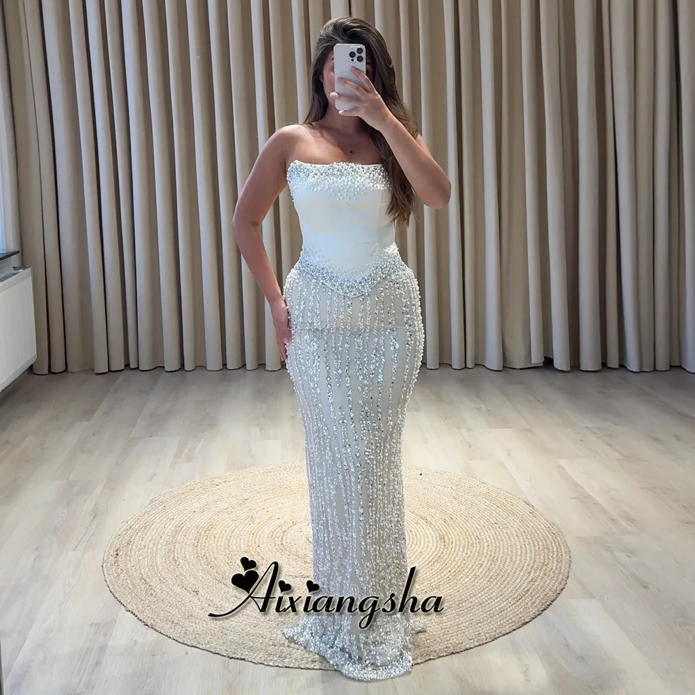 Aixiangsha Modern Evening Dresses for Women Strapless Beading Mermaid High Slit Sleeveless Vestido De Formatura Customized
