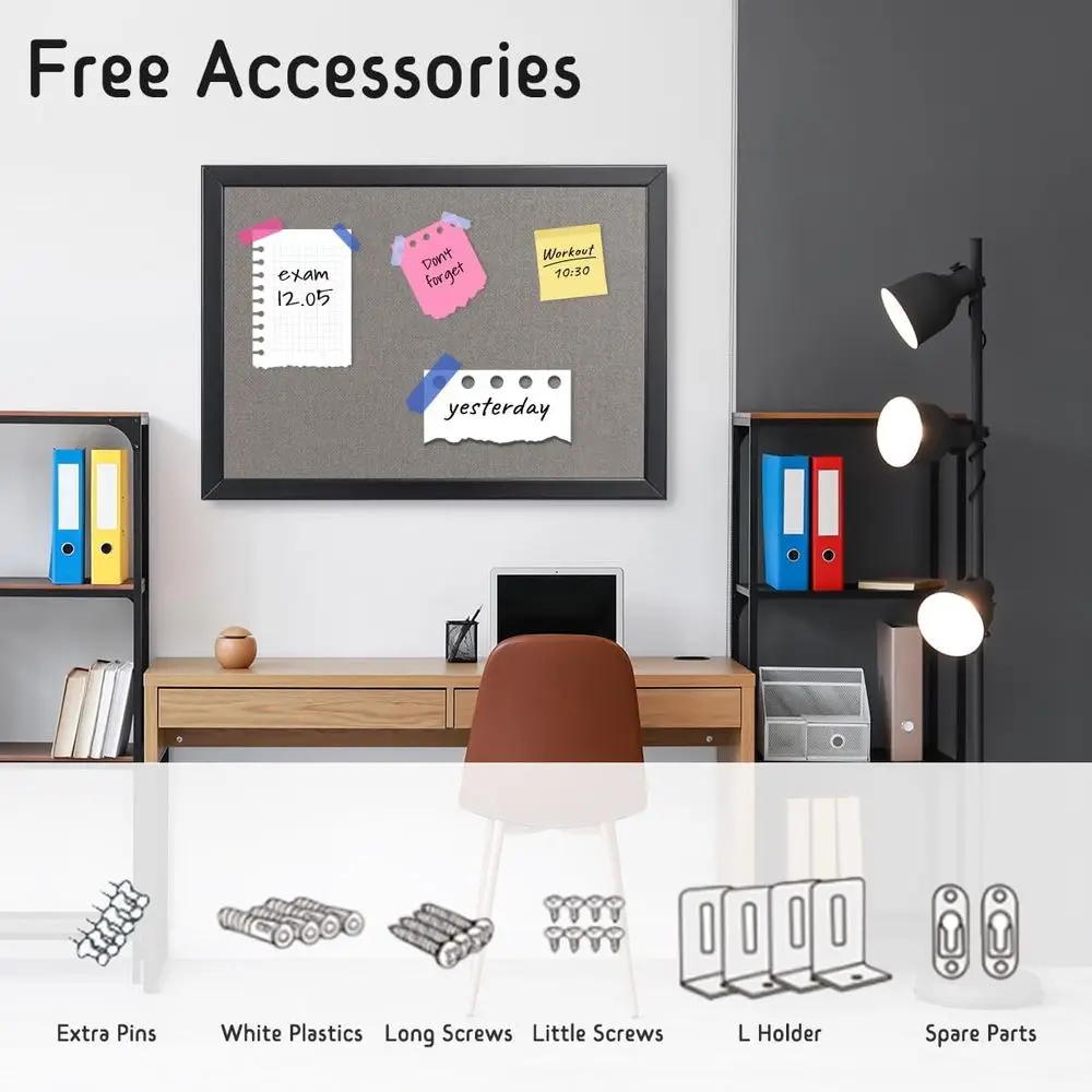 Corkboard emoldurado de madeira de 24x36 polegadas com tecido cinza, placa de mensagens montada na parede para uso doméstico ou no escritório