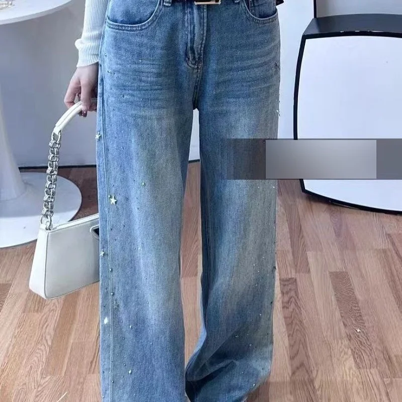 กางเกงยีนส์ทรงตรงเอวสูง ทรงเข้ารูป แฟชั่นใหม่ล่าสุด ฤดูใบไม้ผลิ สีฟ้า ใช้งานได้หลากหลาย ทรงตรงเอวสูง P...