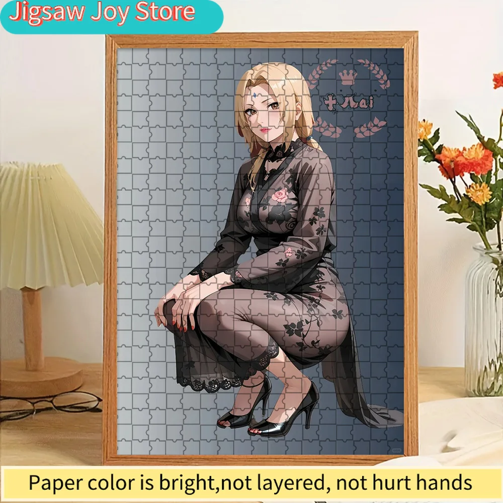 

Anime Naruto Tsunade Elegant Black Floral Lace Cheongsam High Heels Squat Pose Paper Puzzle, Premium High Definition Vivid Print