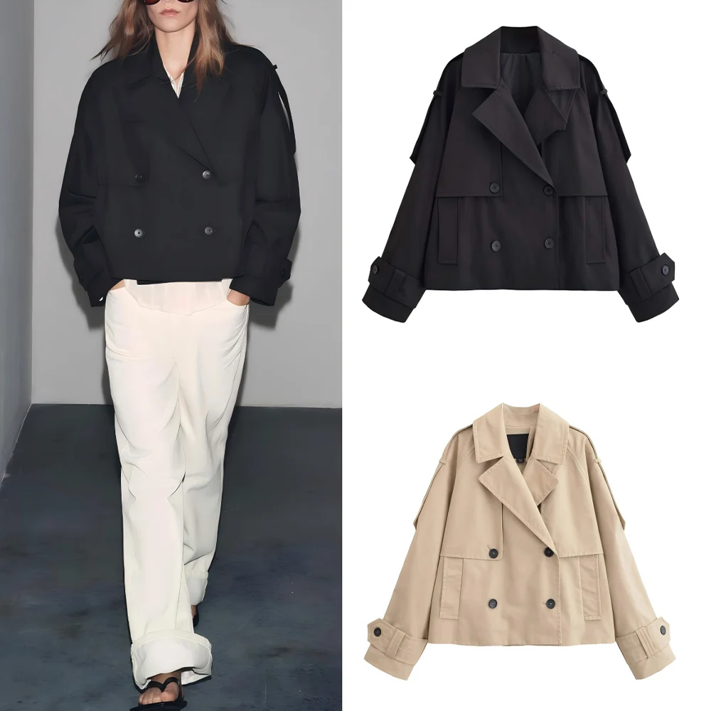 

Women's 2025 new fashion double breasted design loose short lapel windbreaker Coat retro long sleeved women's Coat chic top