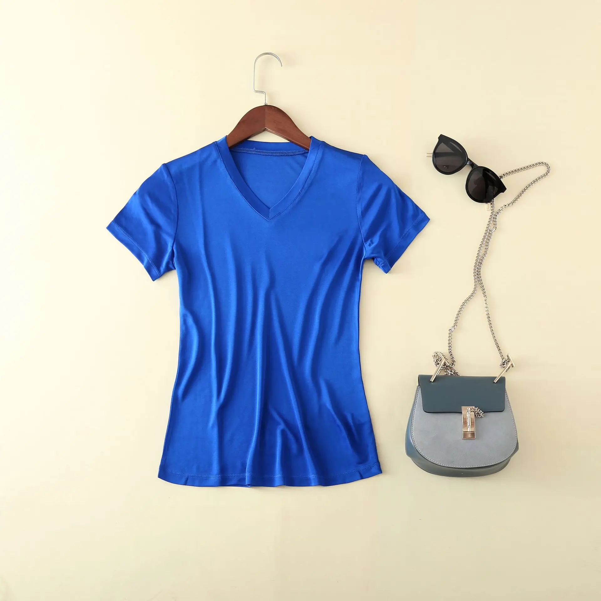 Women 50% Silk 50% Viscose Knit Short Sleeve V-neck T-Shirts Slim Type Top M-2XL TG306