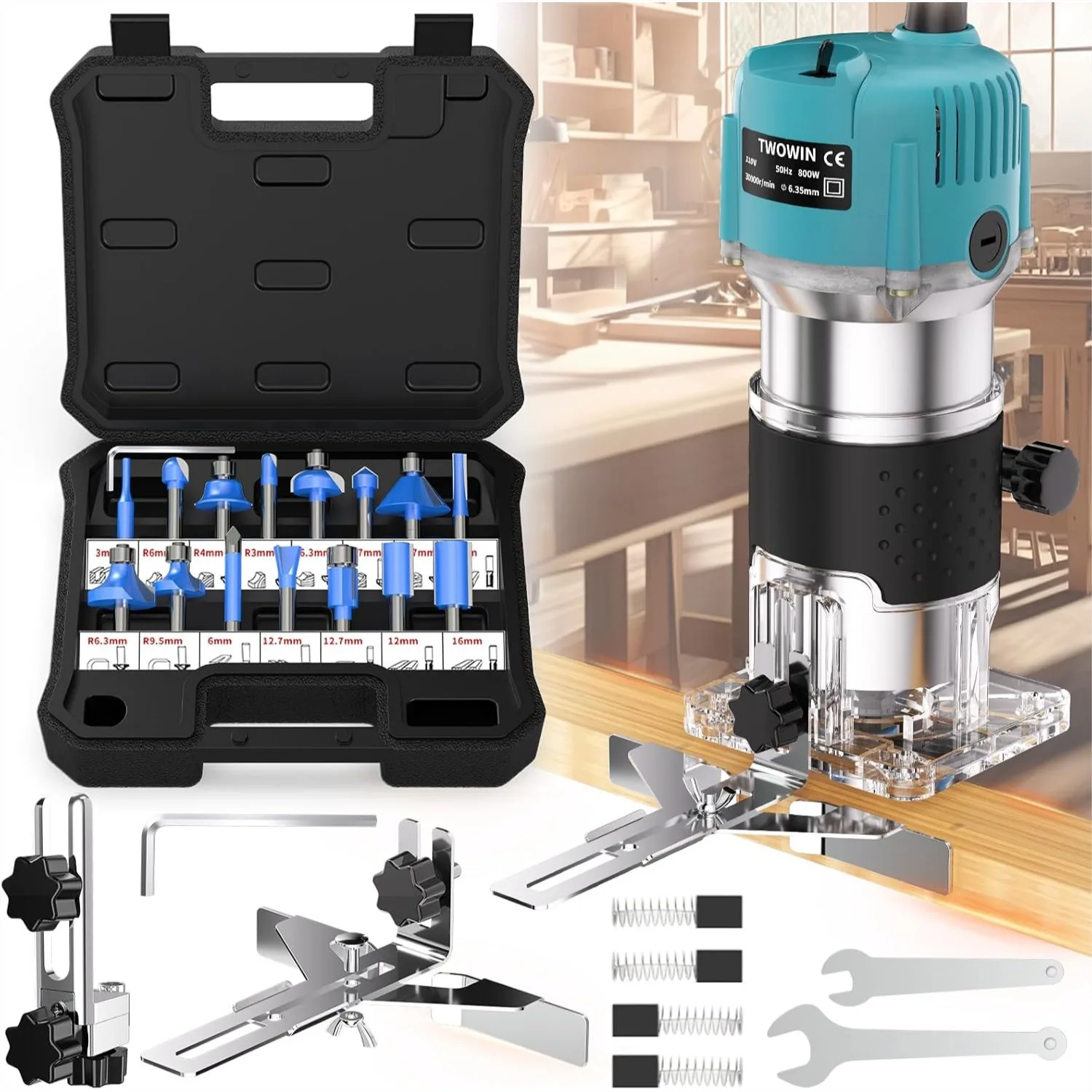 

Compact Palm Router Tool 800W 30000RPM Electric Hand Trimmer 1/4" Collets for Woodworking, 15Pcs Tungsten Carbide Router Bits
