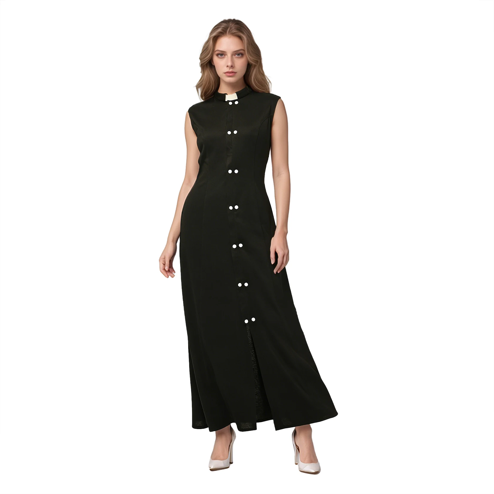 Women Clergy Dress Elegant Black A-Line Maxi Sleeveless Dress with Double-Breasted Buttons Stand Collar Church Costume
