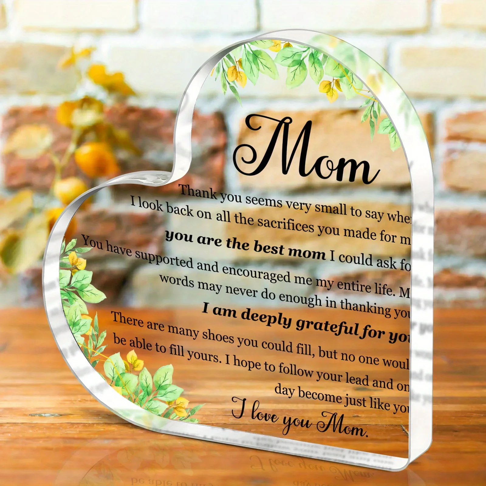 Watercolor Green Leaves Sentimental Mom Gift Transparent Acrylic Heart Sign,I Love You Mom Appreciation Quote Acrylic Heart Table Ornament