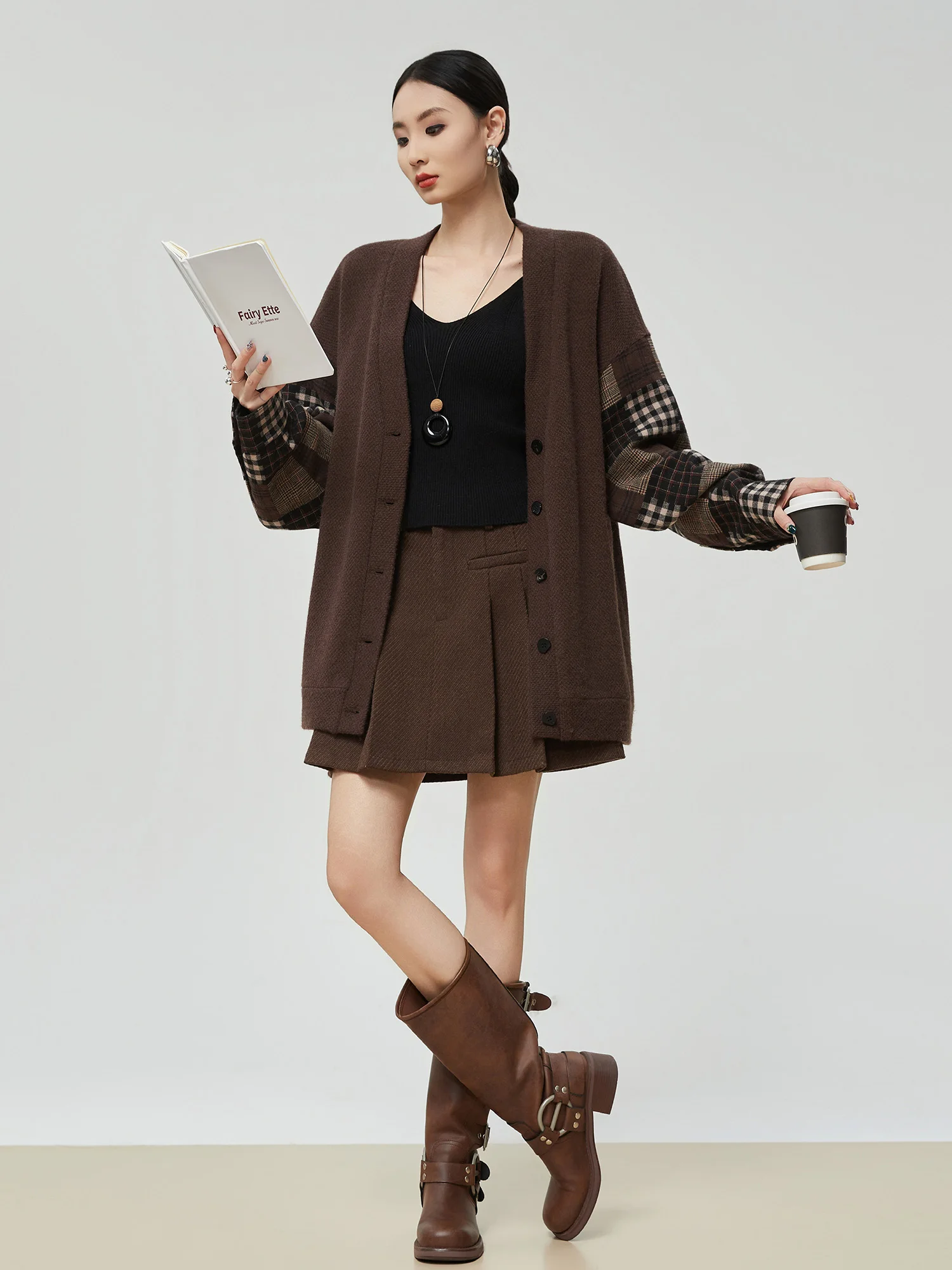 

Retro American Plaid Long Sve Knitted Open Cardigan Women Loose Korean Sle Lazy Brown Casual Faion Polyester Fiber