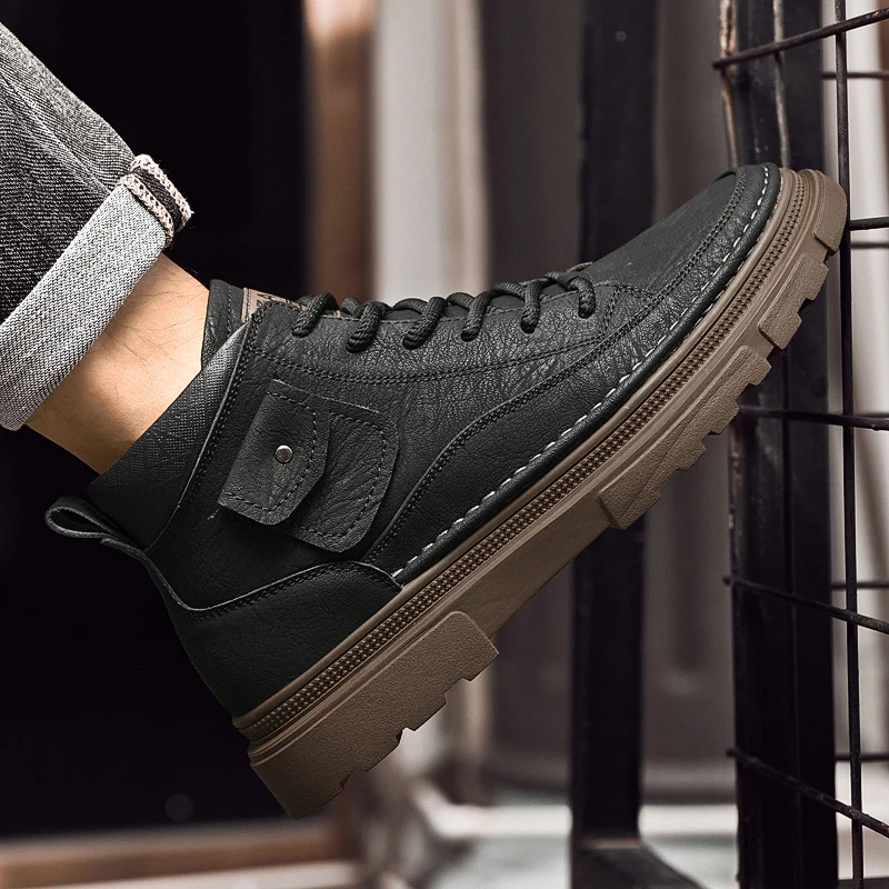 Classic High Top Men's Workwear Boots Quality Handmade Stitched Thick Soled Leather Boots Brand Lace Up Versatile Walking Boots