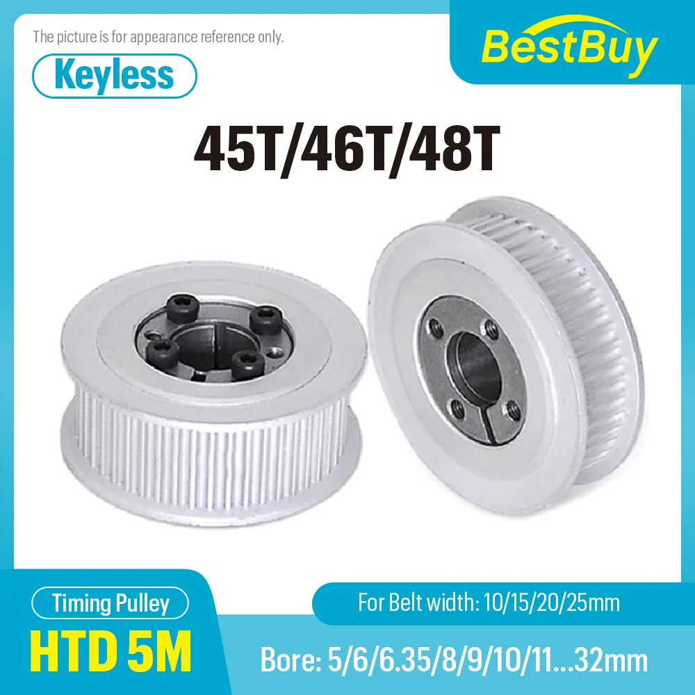 

HTD 5M 45T/46T/48Teeth Timing Pulley Keyless Bushing Bore 5/6/6.35/8/9/10/11/12/14/15-32mm for Belt Width 10/15/20/25mm