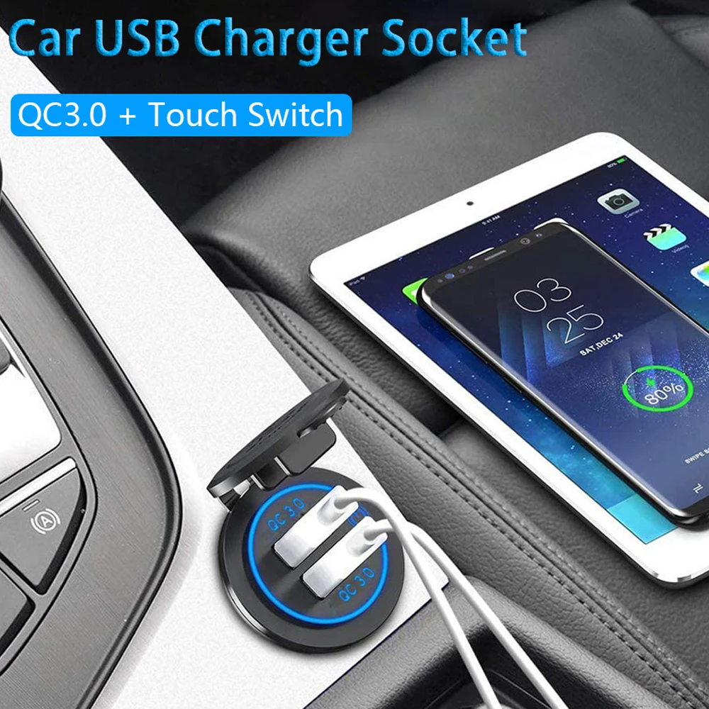 2022 New Quick Charge QC3.0 Dual USB Car Charger Cigarette Lighter Socket Waterproof 12V/24V  Fast Charger With Touch Switch