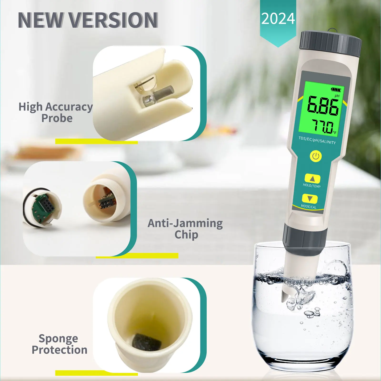 Testador de ph multifuncional, ph/ec/tds/salinidade/medidor de temperatura, testador de qualidade da água para aquário, água potável, piscina hidropônica