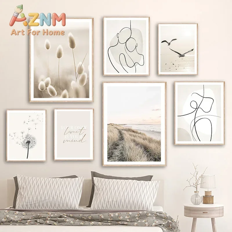 2026 Beige Sea Grass Reed Dandelion Line Figures Wall Art Canvas Painting Posters And Prints Hotel Bar Pictures For Living Room
