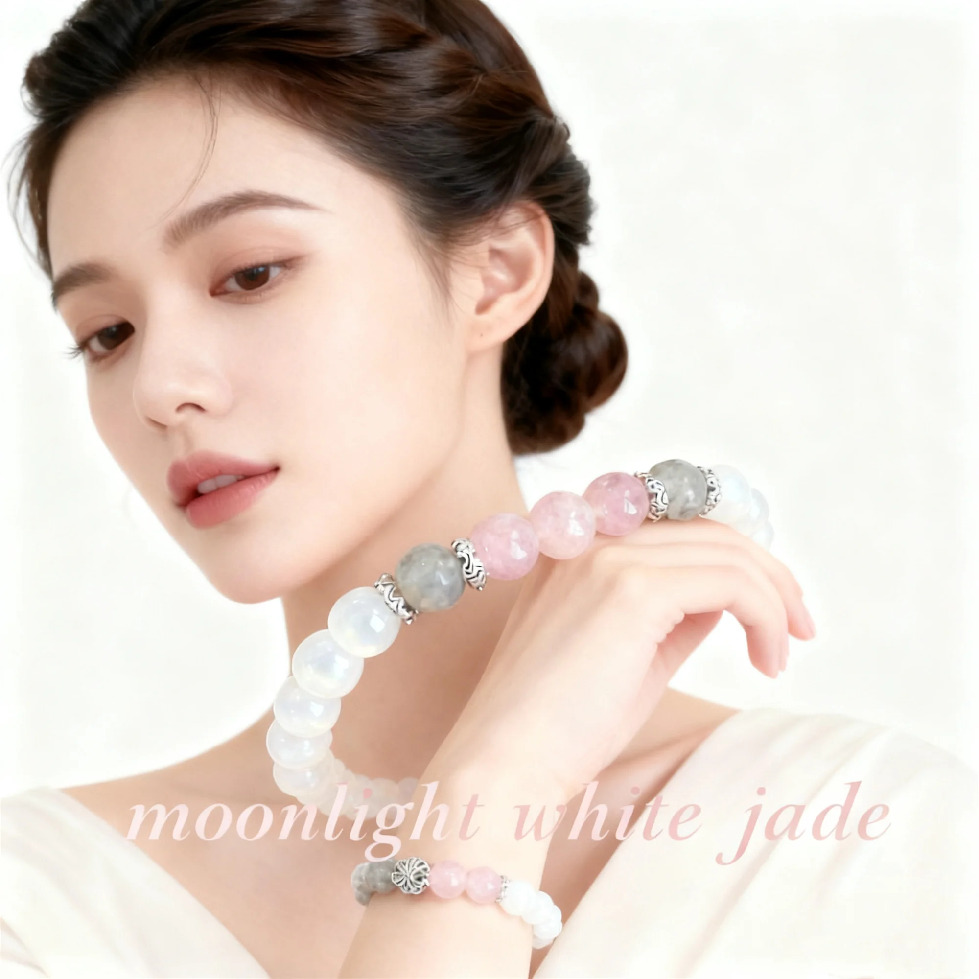 1 strand of Moonstone, White Jade, and Rose Quartz bracelet – calm the mind, a new beginning, positive energy, protection