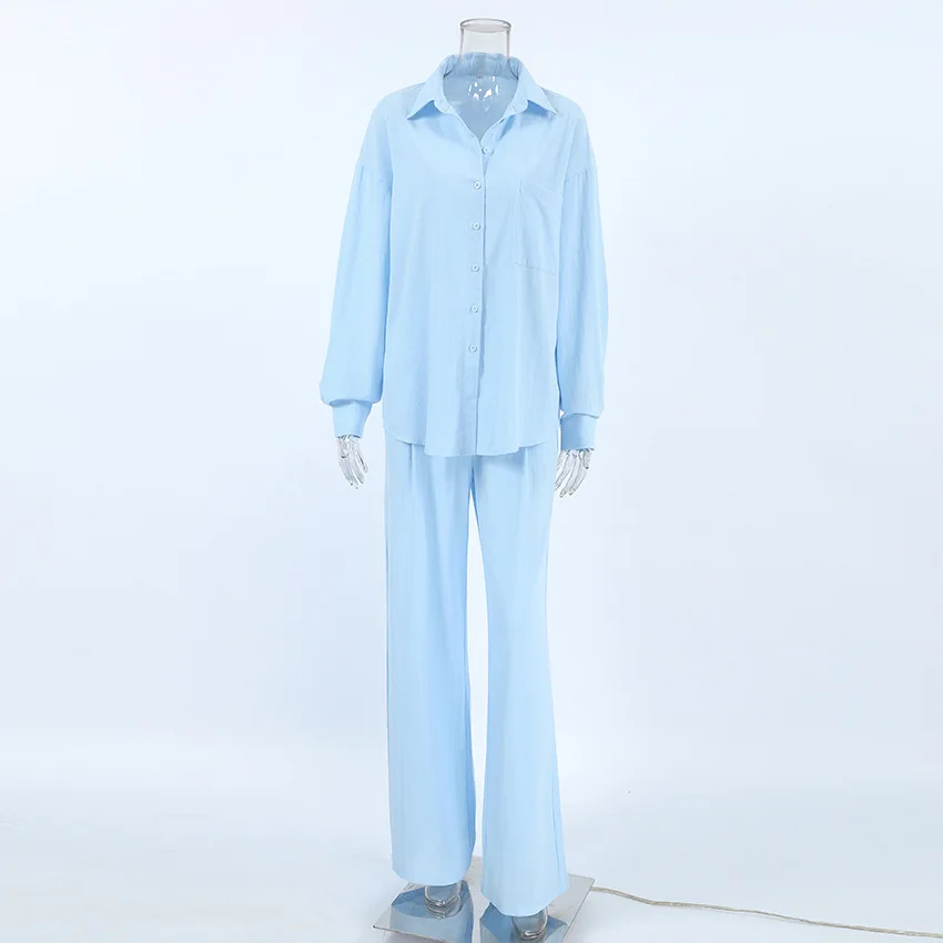 100% Katoen Linnen Vrouwen Casual Tweedelige Set 2025 Fashion High Street Lange Mouw Revers T-shirt Top Losse Zak broek Pak