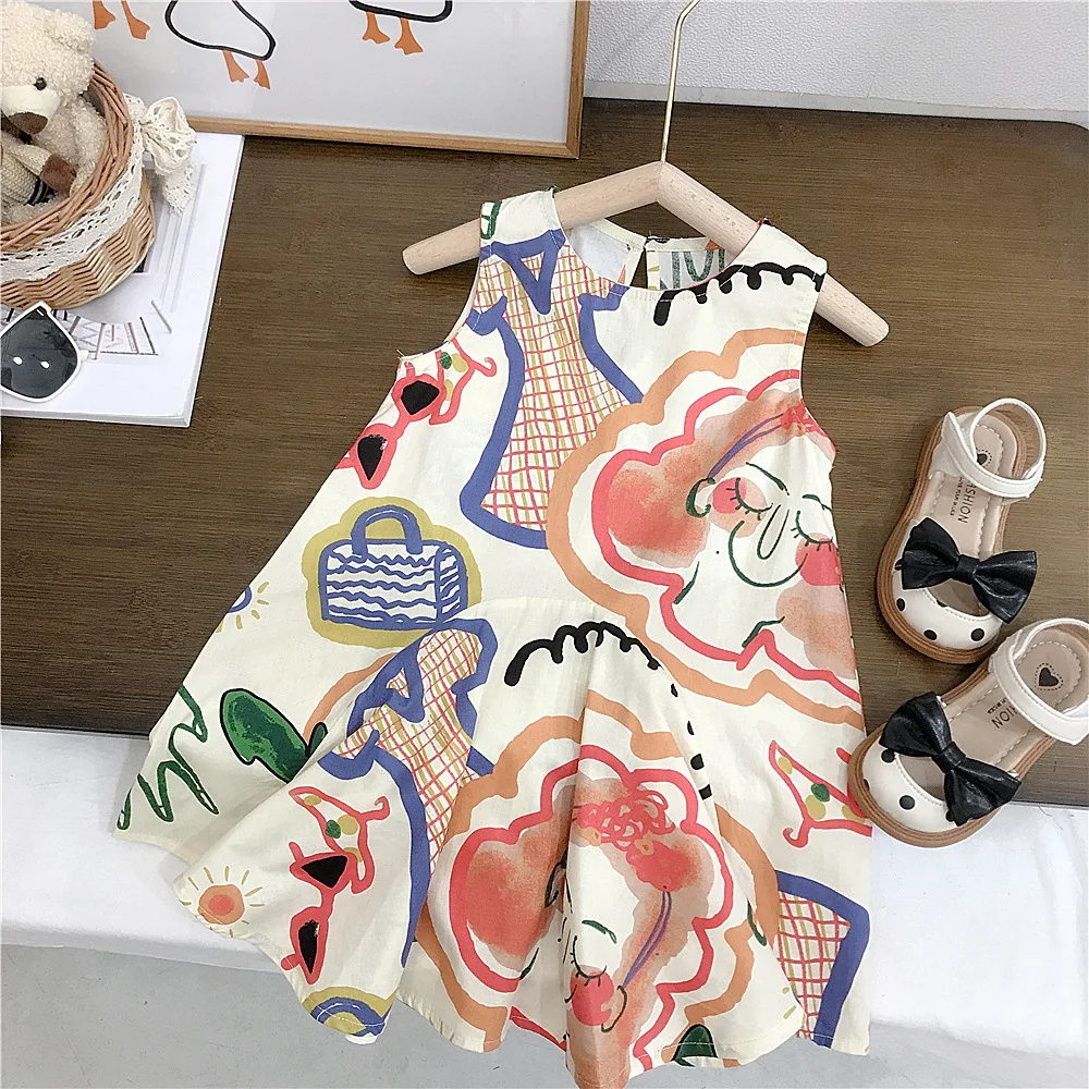Korean Version of Summer New Girls' Casual Clothes Round Neck Sleeveless Irregular Graffiti Princess Dress for Children Aged 3-7