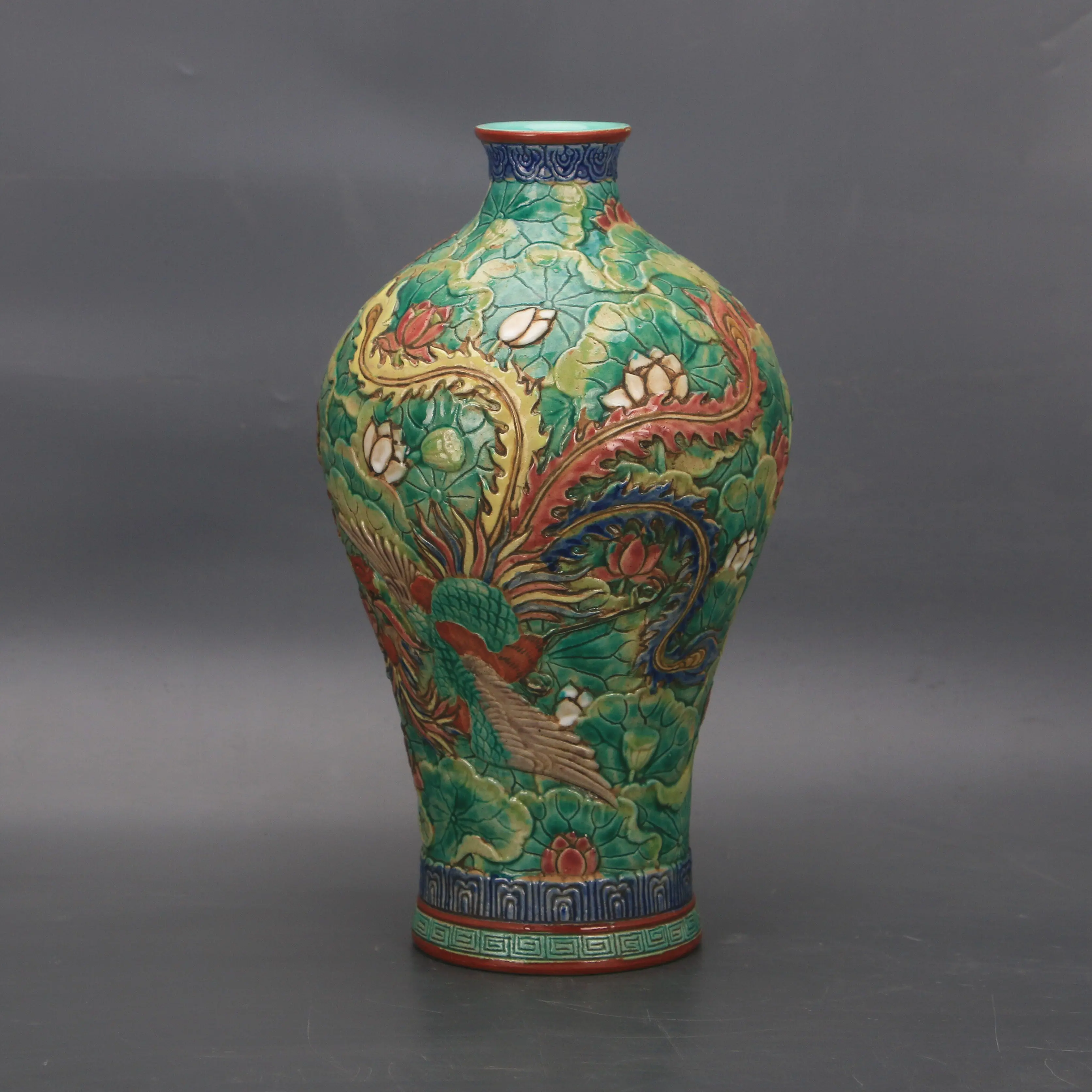 Famille Rose Plum Vase Qianlong Style Relief Green Dragon Phoenix Replica Porcelain Home Decor Collectible