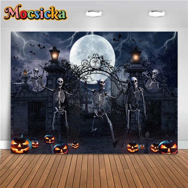 

Mocsicka Halloween Backdrop Photography Pumpkin Human Skeleton Night Moon Castle Background Decoration Props Wallpaper Photocall