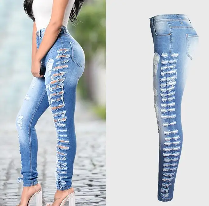 Mulheres Multi-buraco Stretch Skinny Jeans, Calças Lápis Perna Pequena, Calças Mendigo