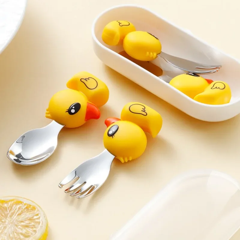 304 Stainless Steel Baby Complementary Feeding Tableware Cartoon Small Yellow Duck Portable Spoon and Fork Set Tableware