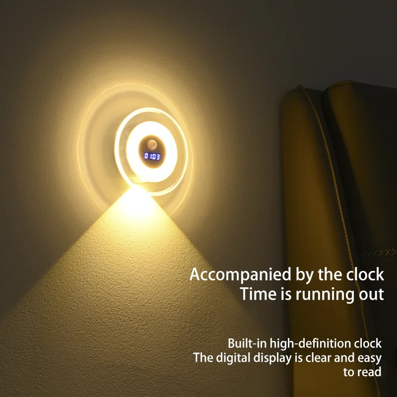 LED Motion Sensor Night Lights LED USB Rechargeable Lamp with Digital Clock for Bedroom Kitchen Stair Decoration Lighting